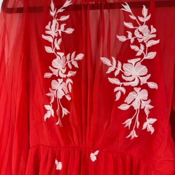 ASOS DESIGN tie back pleated sleeve mini dress in red with pink embroidery US 12 - Picture 6 of 9